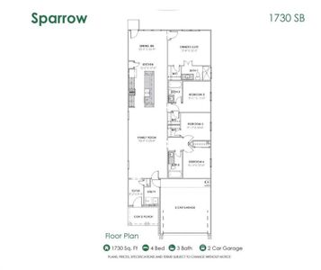 Explore the well-thought-out Sparrow floor plan, offering 1,730 sq. ft. of comfortable living space. This layout includes 4 bedrooms and 3 full baths, a spacious family room, and an inviting kitchen with a large island. The design ensures seamless flow and functionality, perfect for modern living. The primary suite on the second floor provides a private retreat, while the upstairs game room is ideal for entertainment. **This image is from another Saratoga Home with similar floor plan and finishes.