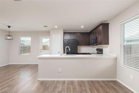 Kitchen featuring sink, light hardwood / wood-style flooring, a wealth of natural light, and black appliances