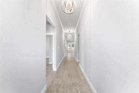 Hall featuring crown molding and light hardwood / wood-style floors