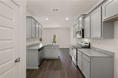 Kitchen with dark wood-type flooring, light stone countertops, gray cabinetry, and appliances with stainless steel finishes