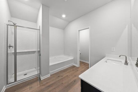 Bathroom with vanity, hardwood / wood-style flooring, and shower with separate bathtub