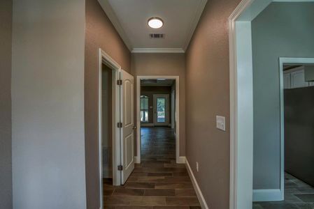 Hall featuring wood tile flooring and ornamental molding