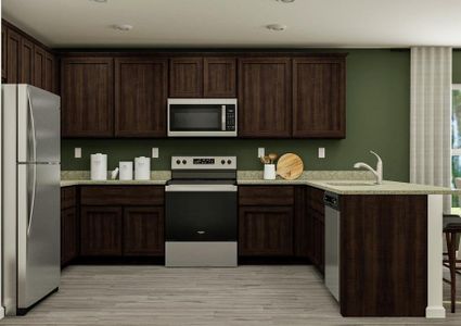 Rendering of the kitchen featuring lots
  of dark wood cabinetry, stainless steel appliances and wood-look flooring
  throughout.
