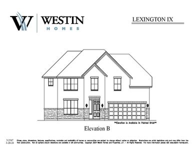 Westin Homes NEW Construction (Lexington IX, Elevation B) CURRENTLY BEING BUILT. Two story. 4 bedrooms. 3.5 baths. Family room, informal dining room, and study. Spacious island kitchen open to Family room. Primary suite with large double walk-in closets. Second bedroom downstairs with private bath. Spacious game room and media room on second floor. Covered patio and 2-car garage.