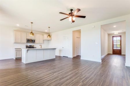 Kitchen featuring dark wood-type flooring, a kitchen island, ceiling fan, stainless steel appliances, and pendant lighting