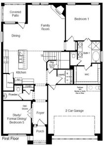 D.R. Horton's Sun Valley floorplan, 1st floor - All Home and community information, including pricing, included features, terms, availability and amenities, are subject to change at any time without notice or obligation. All Drawings, pictures, photographs, video, square footages, floor plans, elevations, features, colors and sizes are approximate for illustration purposes only and will vary from the homes as built.