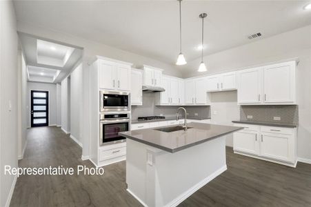 Kitchen featuring decorative backsplash, dark hardwood / wood-style floors, stainless steel appliances, and white cabinetry