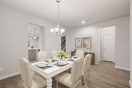 Make memories gathered around the table with your family and friends! This dining spacious room features elegant flooring, custom paint, and adjacent to kitchen for open concept feel. Sample photo of completed home with similar floor plan. As-built interior colors and selections may vary.