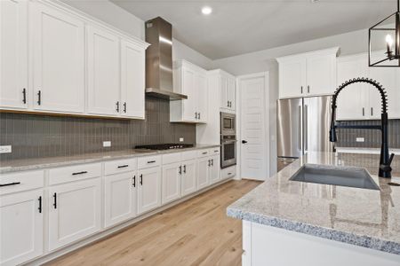 Kitchen includes a black iron cook-top with sleek, steel vent hood.