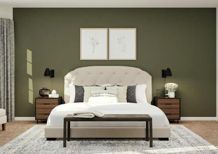 Rendering of the spacious master bedroom
  with white bed, wood nightstands, with armchairs and windows visible on the
  left