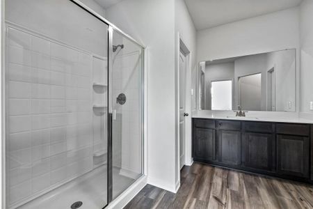 Bathroom featuring vanity, an enclosed shower, and hardwood / wood-style floors