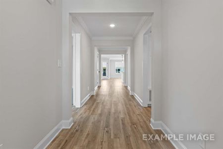 Hallway with crown molding and light hardwood / wood-style floors