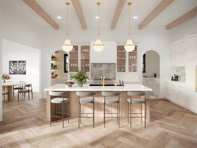 Kitchen featuring tasteful backsplash, a kitchen bar, a spacious island, beamed ceiling, and pendant lighting