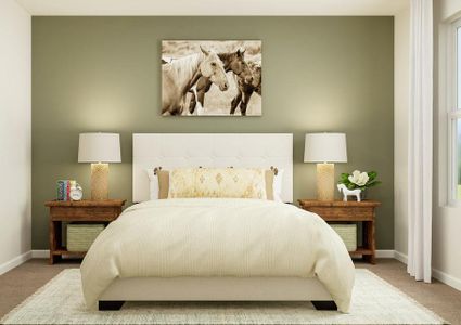 Rendering of a bedroom with a large bed
  centered between two nightstands. A photo of horses hangs above the bed and a
  window is to the right.