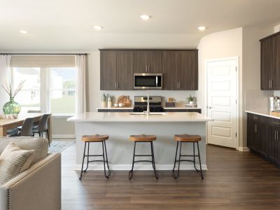 Our Lush design package features slate cabinets, off-white granite countertops, and EVP flooring.