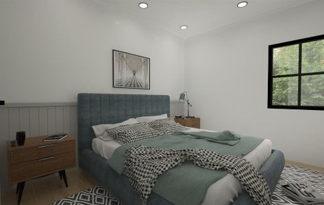 Bedroom with ornamental molding and light hardwood / wood-style floors