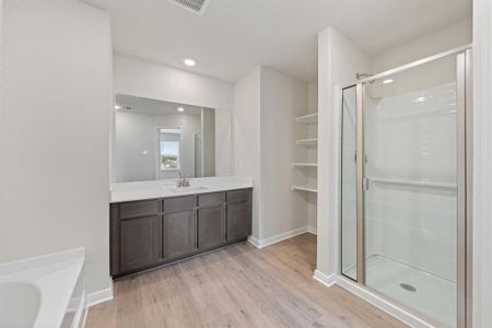 Bathroom with wood-type flooring, vanity, and plus walk in shower