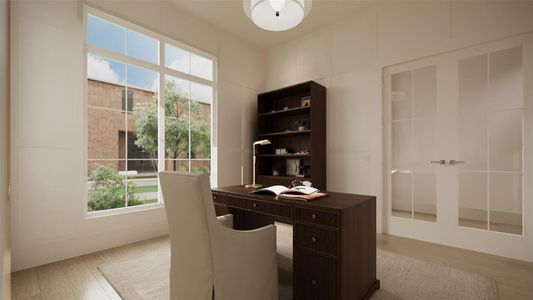 Another view of the Study which also a features a Pendant Light, a set of Divided Lite French Doors, a Closet and access to a Full Bath.