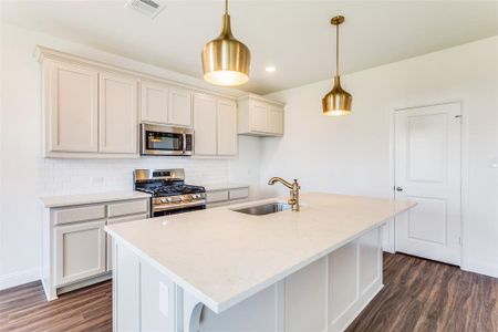 Kitchen featuring tasteful backsplash, dark hardwood / wood-style flooring, an island with sink, sink, and appliances with stainless steel finishes