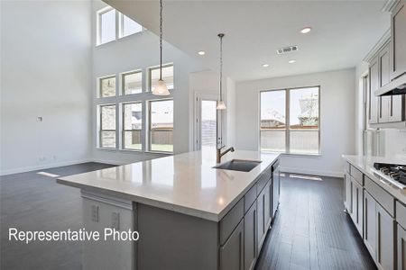 Kitchen featuring gray cabinetry, sink, decorative light fixtures, a kitchen island with sink, and dark wood-type flooring