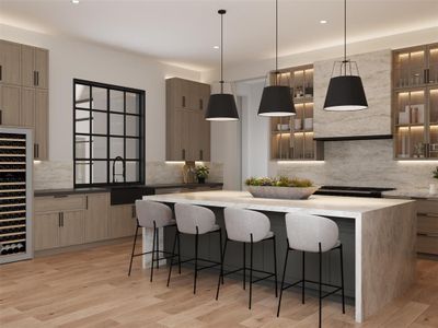 Kitchen featuring a kitchen bar, a center island, light hardwood / wood-style floors, and tasteful backsplash