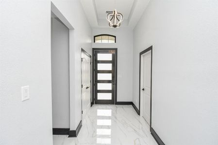 Step into the grand entrance featuring sleek modern tall door and a spacious double-door coat closet.
