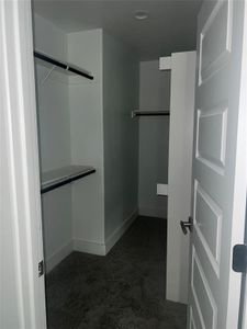 Spacious closet with dark colored carpet