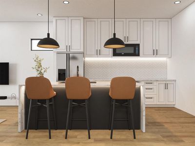 This rendering unveils a sophisticated, modern kitchen featuring sleek stainless steel appliances, a striking waterfall island, and meticulously positioned lighting, elevating both style and functionality.