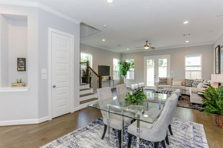 The ROCbrook's dining room was designed to be both elegant and versatile, allowing for various furniture layouts to suit the homeowner's lifestyle. Rooms are virtually staged and the floor plan shown is from a similar home in another community. Actual layouts and furnishings may vary. Please visit the property for accurate details.