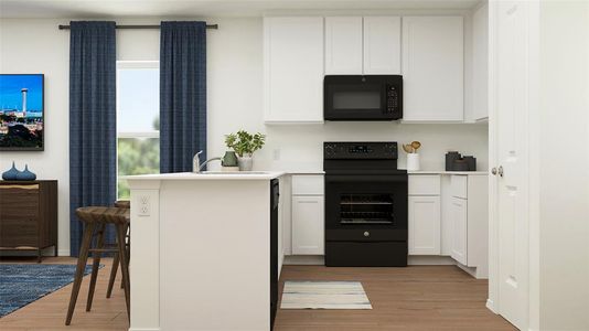 Kitchen featuring light hardwood / wood-style flooring, kitchen peninsula, electric range, and white cabinets