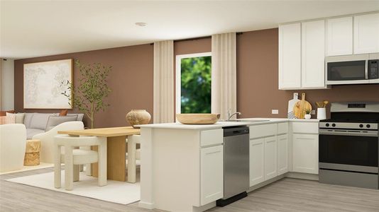 Kitchen with appliances with stainless steel finishes, sink, light wood-type flooring, kitchen peninsula, and white cabinetry