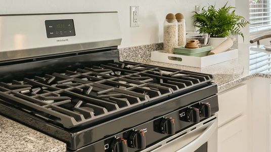 Close up of the five-burner gas stovetop