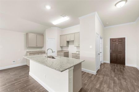 Kitchen featuring dark wood-type flooring, a kitchen island with sink, and sink