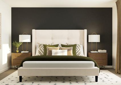 Rendering of a master bedrooom with a
  large white bed and two side tables.