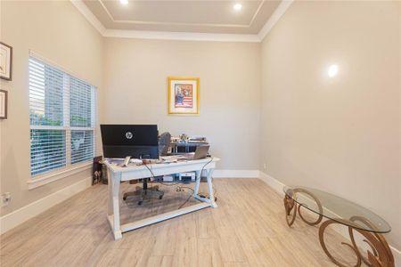 Office featuring light hardwood / wood-style floors and a raised ceiling