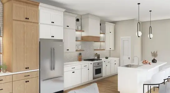 Kitchen with hanging light fixtures, fridge, oven, decorative backsplash, and light wood-type flooring