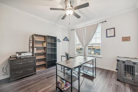 Home office featuring ornamental molding, ceiling fan, and dark hardwood / wood-style floors