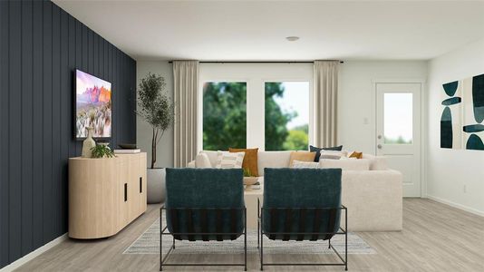 Dining room with wooden walls and light hardwood / wood-style flooring