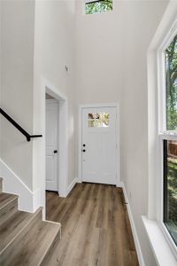 Foyer entrance featuring a high ceiling, plenty of natural light, and wood-type flooring