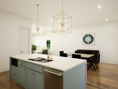 Kitchen featuring decorative light fixtures, wood-type flooring, sink, appliances with stainless steel finishes, and a kitchen island with sink