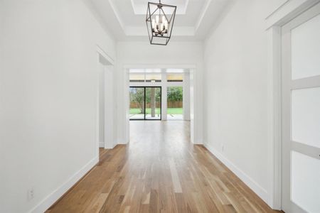 Grand Entry, 5" wood plank hardwoods, tray ceiling, lighting