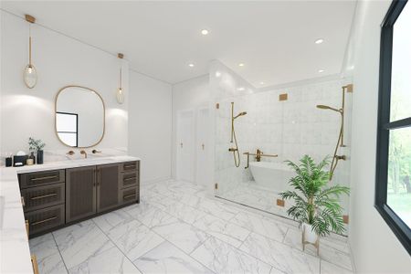 Bathroom featuring tile floors, separate shower and tub, and vanity