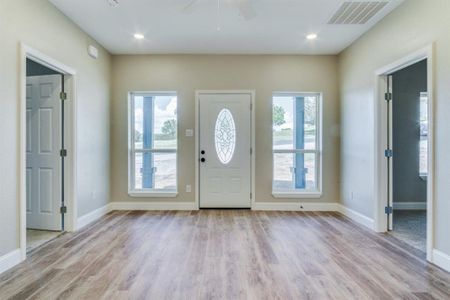 Foyer featuring light hardwood / wood-style flooring, ceiling fan, and plenty of natural light