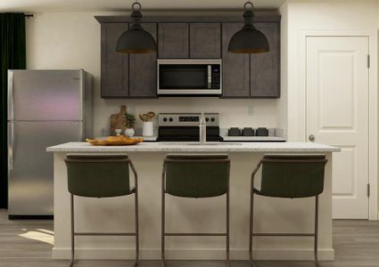 Rendering of a kitchen with dark
  cabinetry and stainless steel appliances.