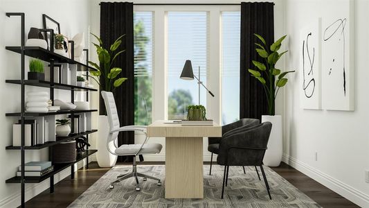 Living area with dark hardwood / wood-style flooring