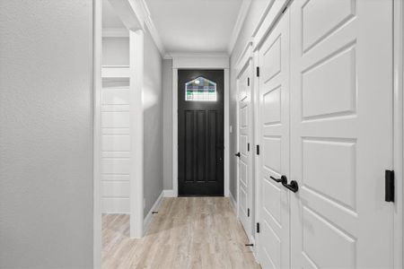 Entryway with ornamental molding and light hardwood / wood-style floors