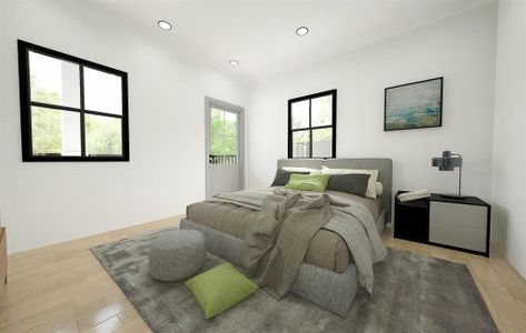 Bedroom with multiple windows, ornamental molding, and light wood-type flooring