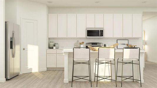 Kitchen with white cabinetry, appliances with stainless steel finishes, decorative backsplash, light hardwood / wood-style floors, and a kitchen breakfast bar