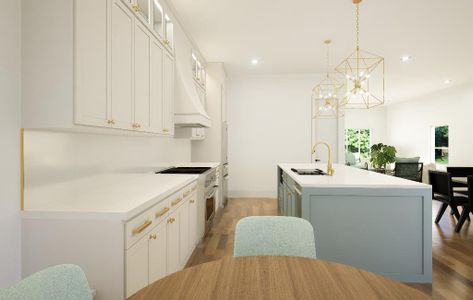 Kitchen with white cabinetry, wood-type flooring, pendant lighting, an island with sink, and sink