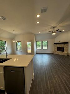 Kitchen featuring sink, pendant lighting, lofted ceiling, dishwasher, and dark wood-type flooring